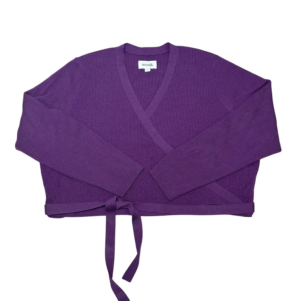 Wool& Women Wrap Adelina Cardigan Purple 100% Merino Wool Ribbed Knit 3X